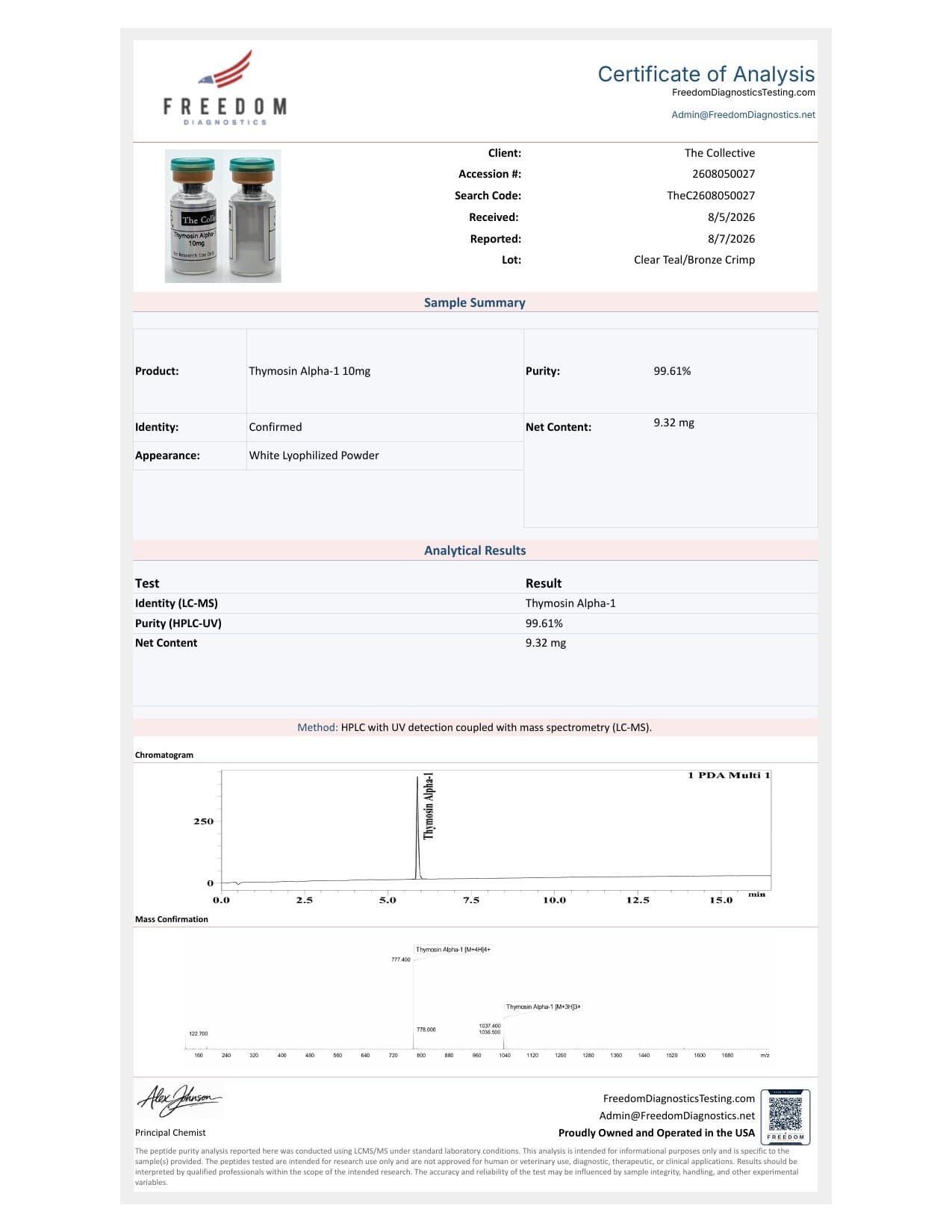 Thymosin Alpha-1 10mg Certificate of Analysis