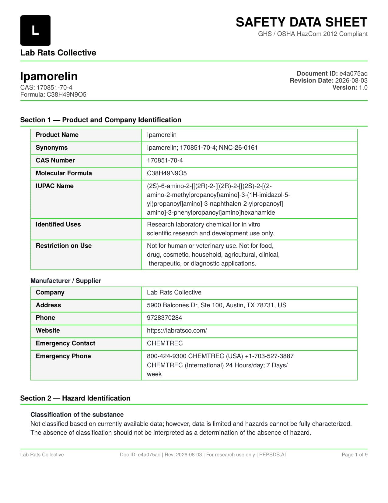 Ipamorelin 10mg SDS