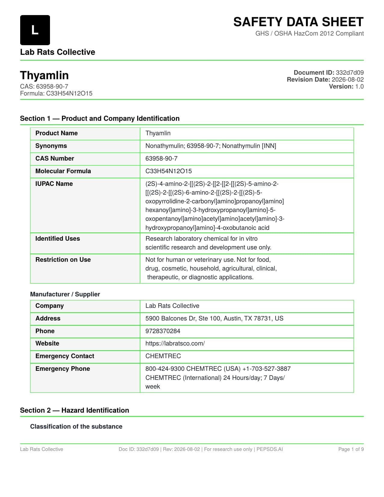 Thymalin 10mg SDS