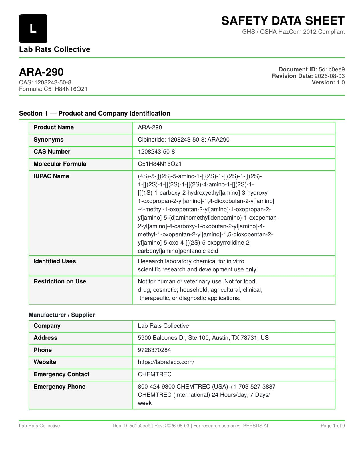 ARA-290 10MG Safety Data Sheet