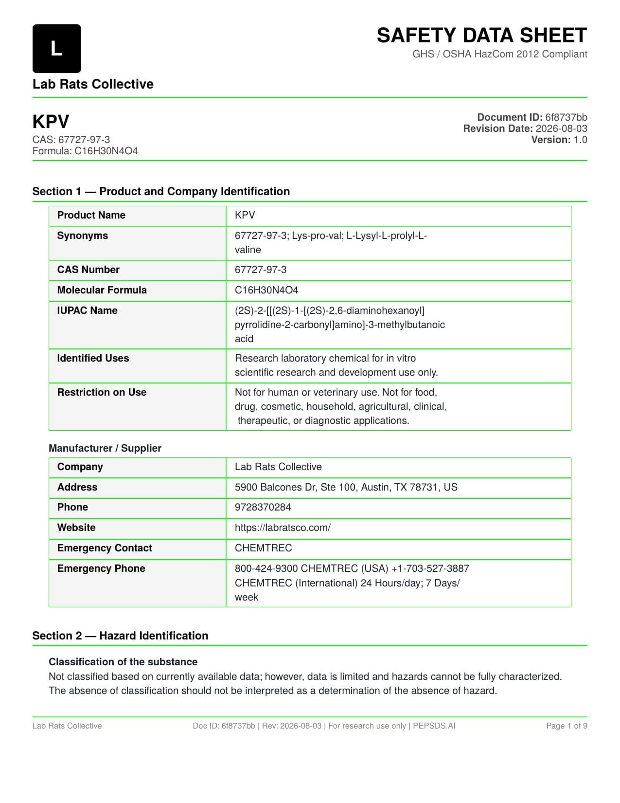 KPV 10mg SDS