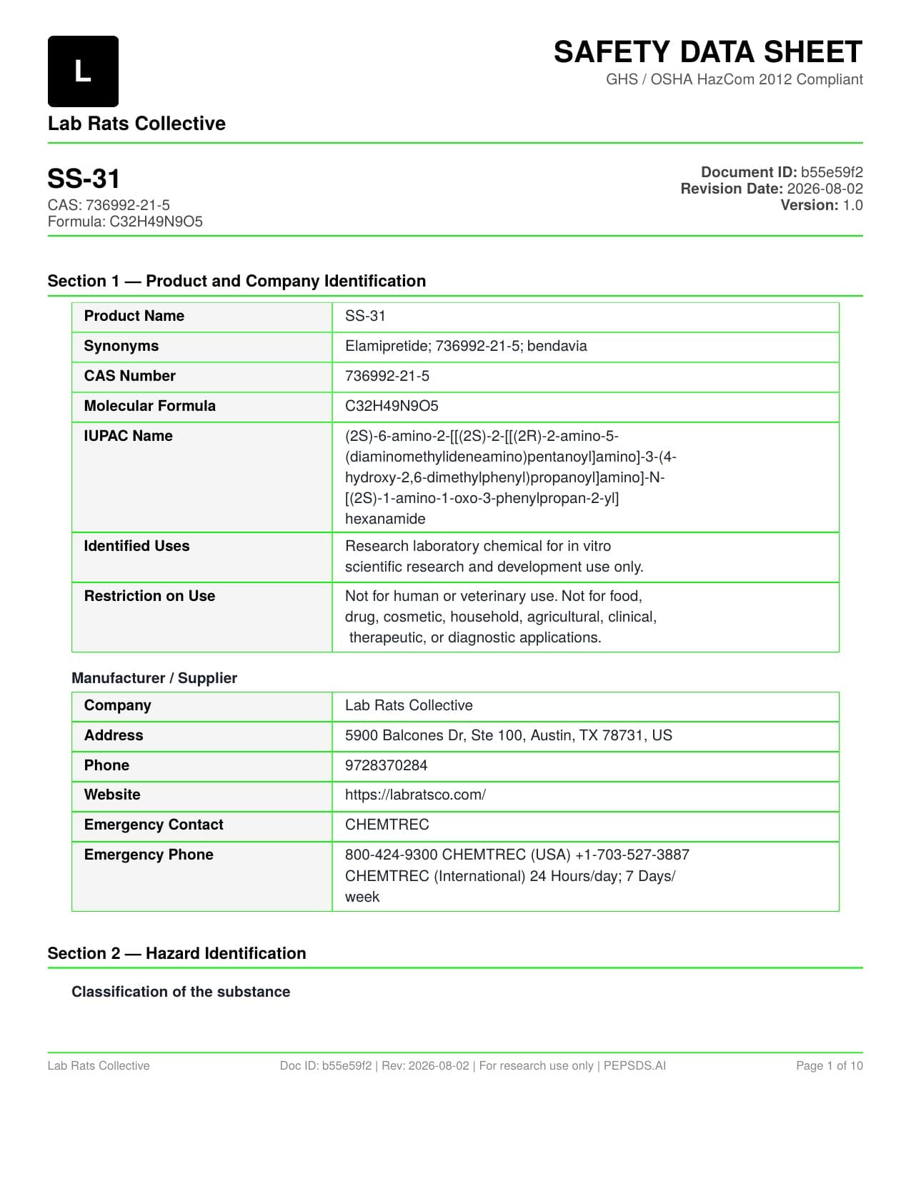 SS-31 10mg Safety Data Sheet