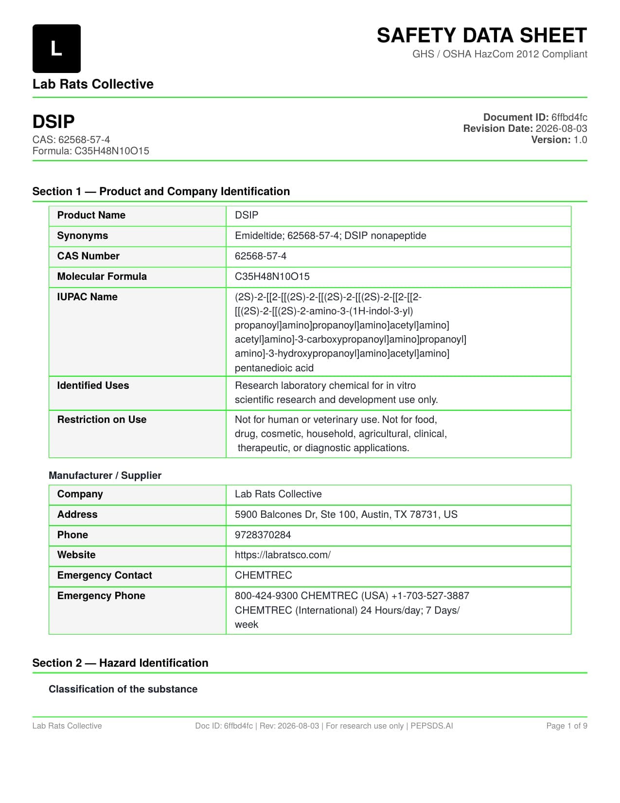 DSIP 15mg SDS