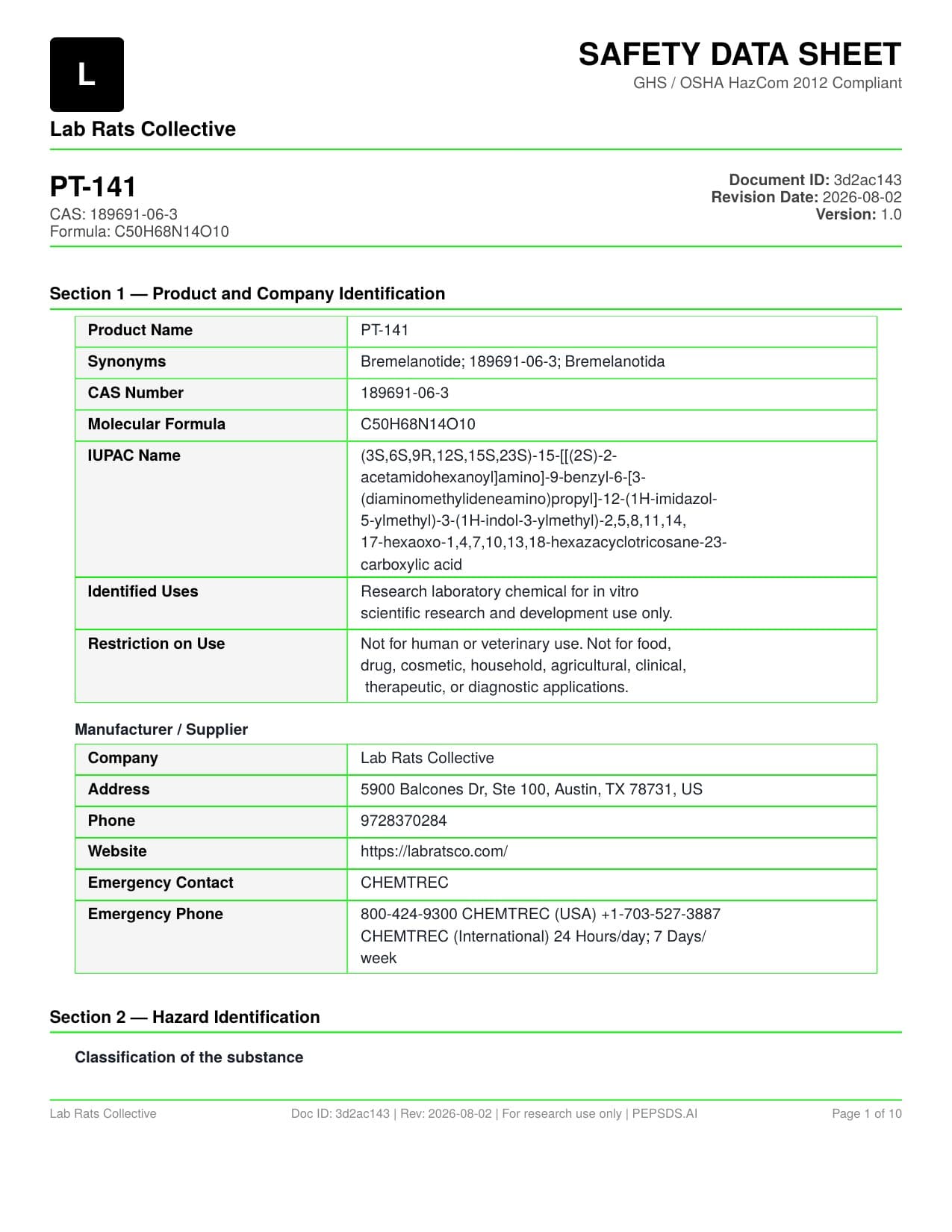 PT-141 10mg SDS