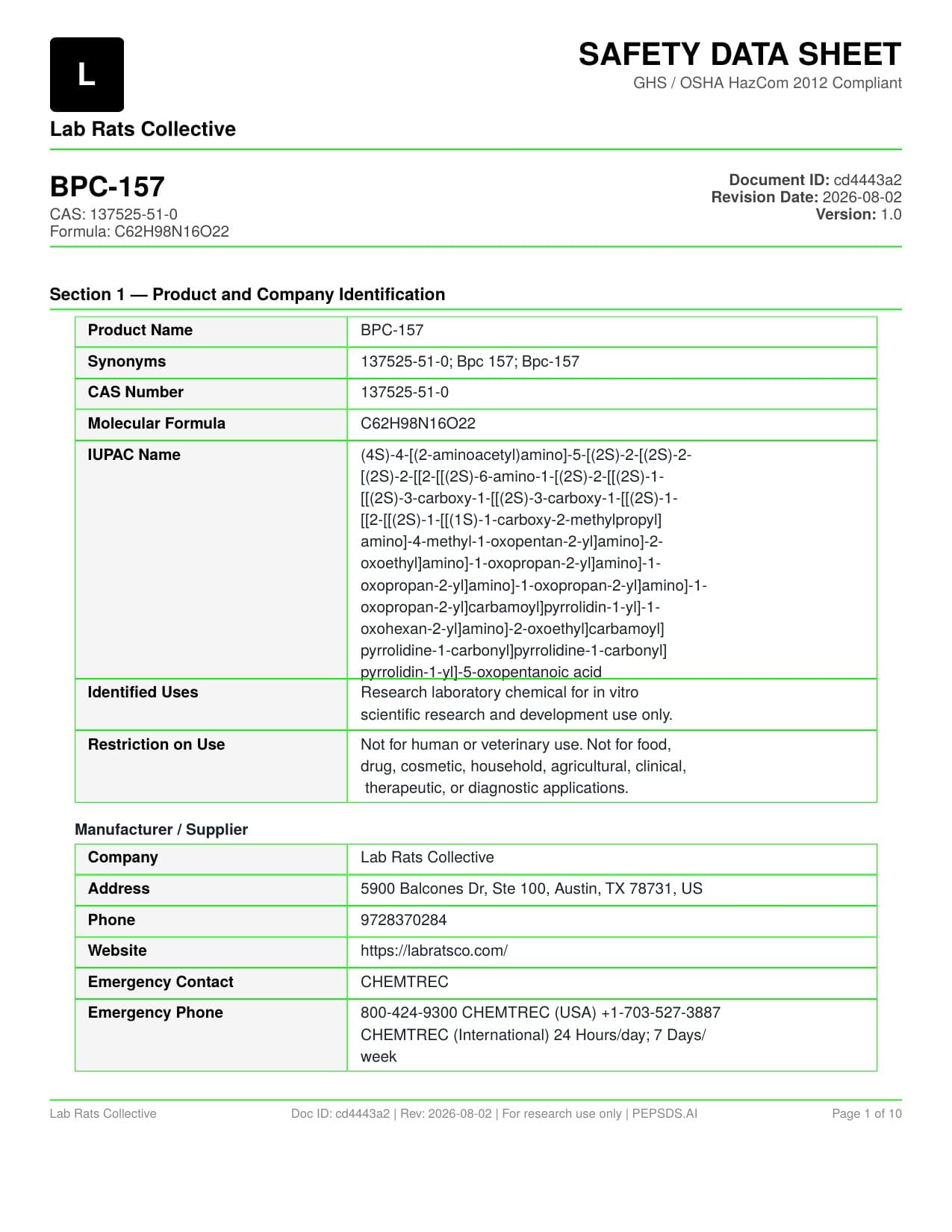 BPC-157 10mg Safety Data Sheet