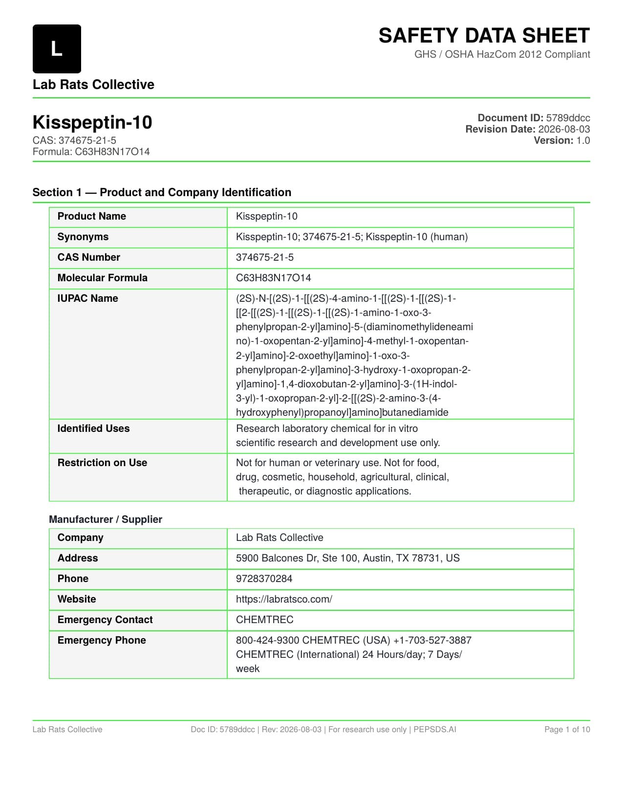 Kisspeptin-10 10mg SDS