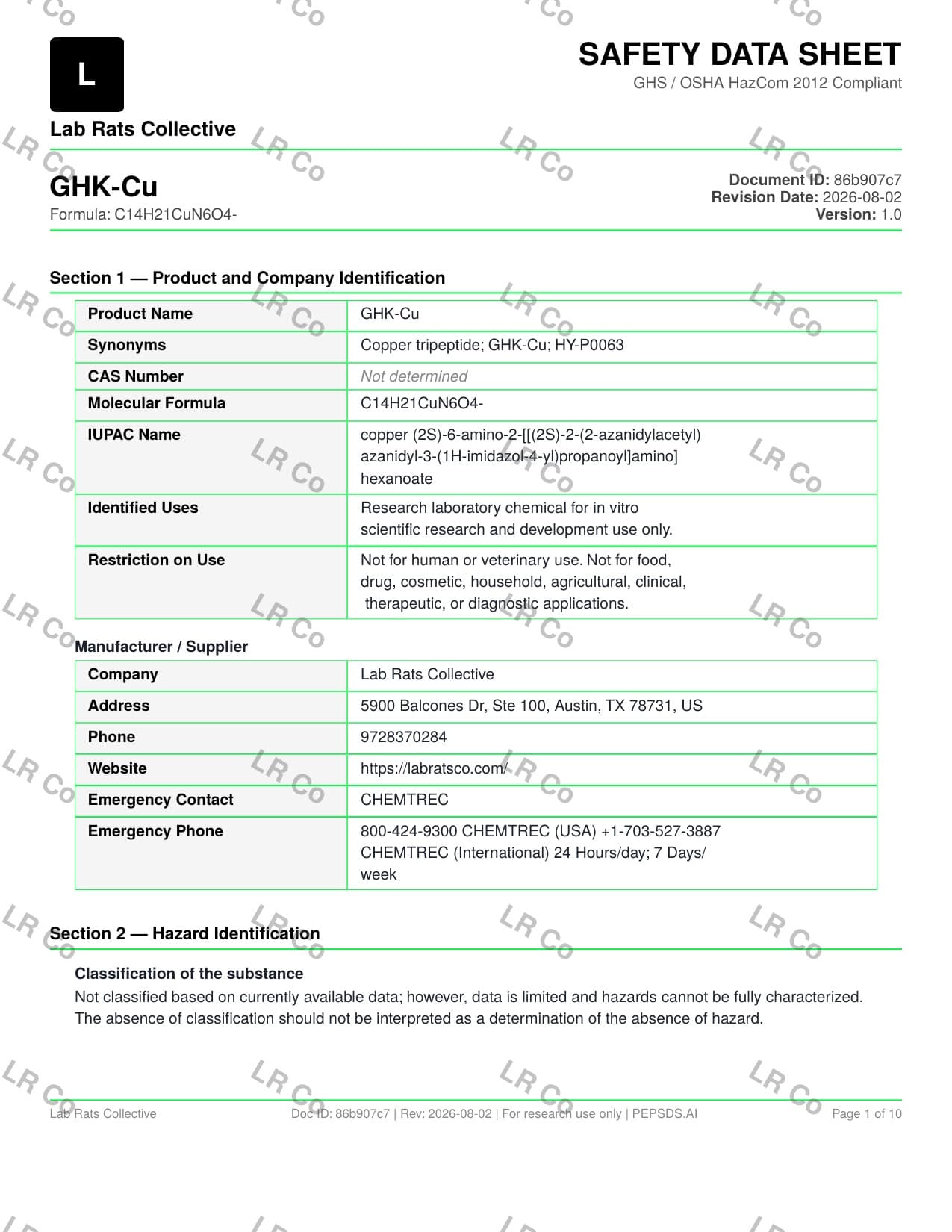GHK-CU 100mg Safety Data Sheet