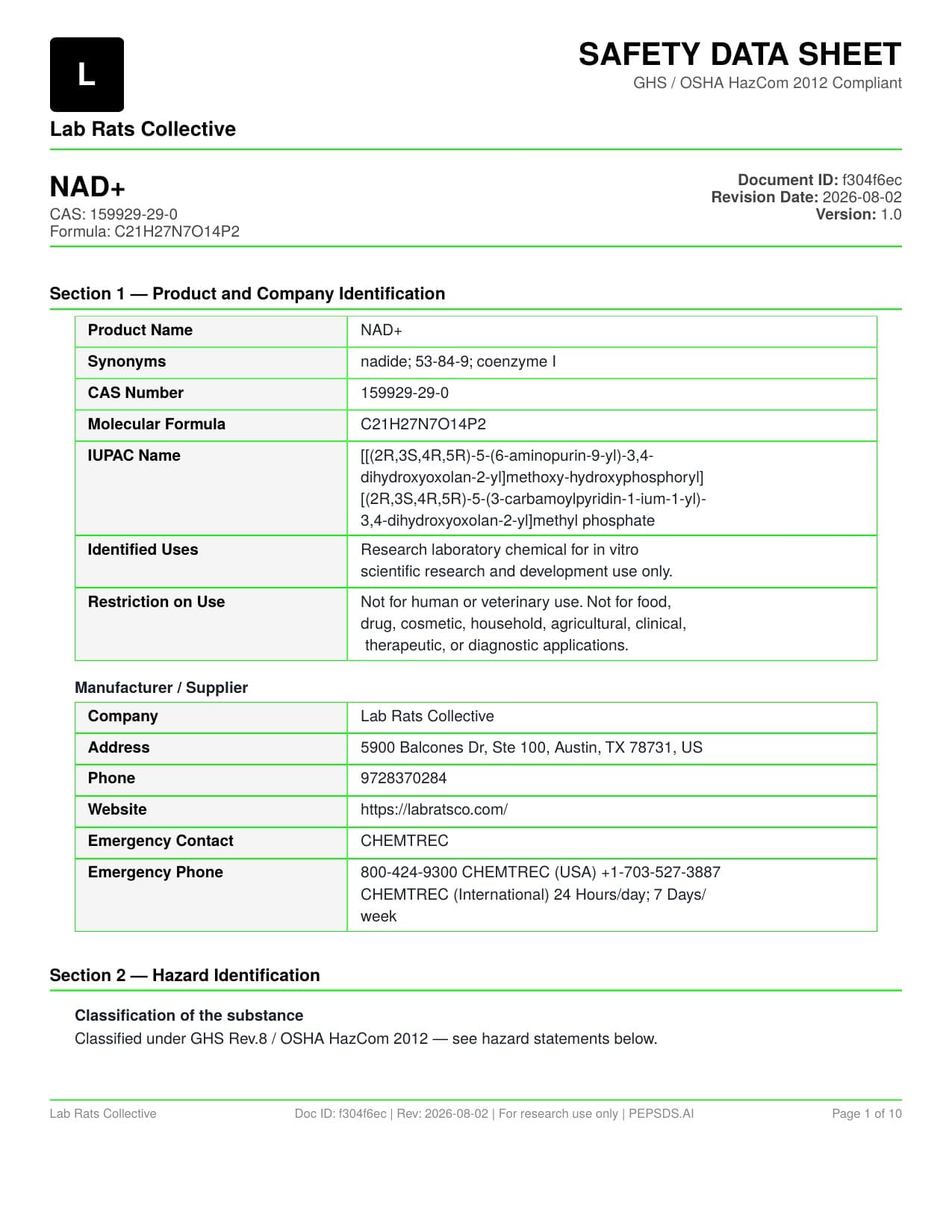 NAD+ 500mg（Buffered) Safety Data Sheet
