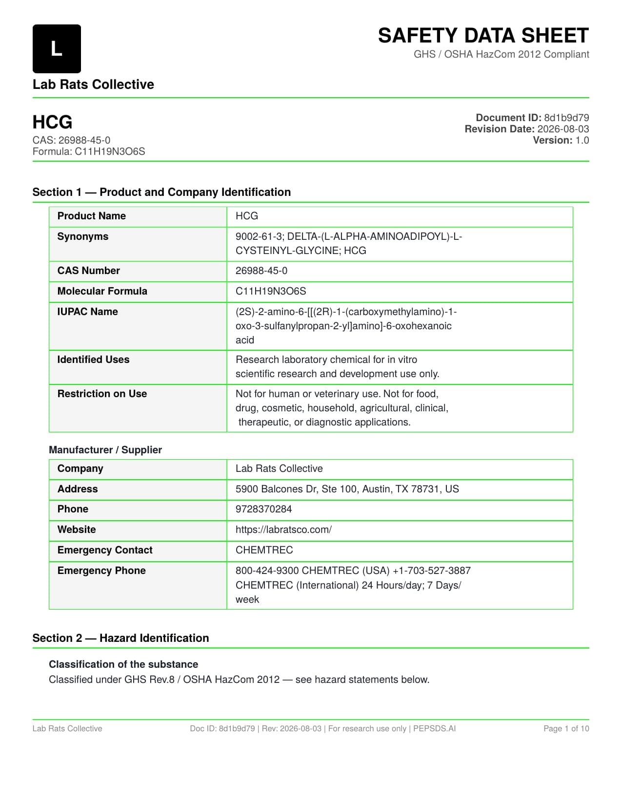 HCG 5000iu Safety Data Sheet