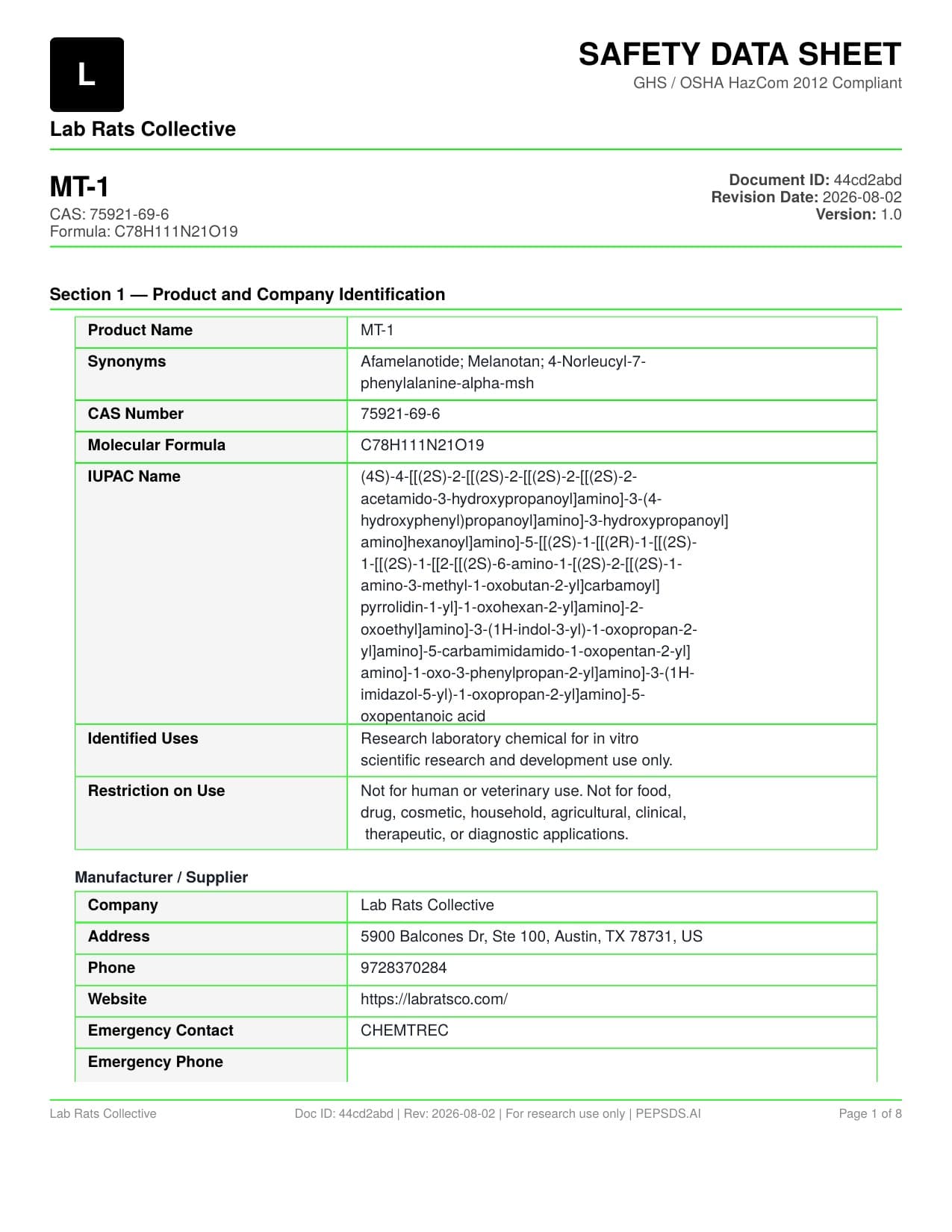MT-1 10mg Safety Data Sheet