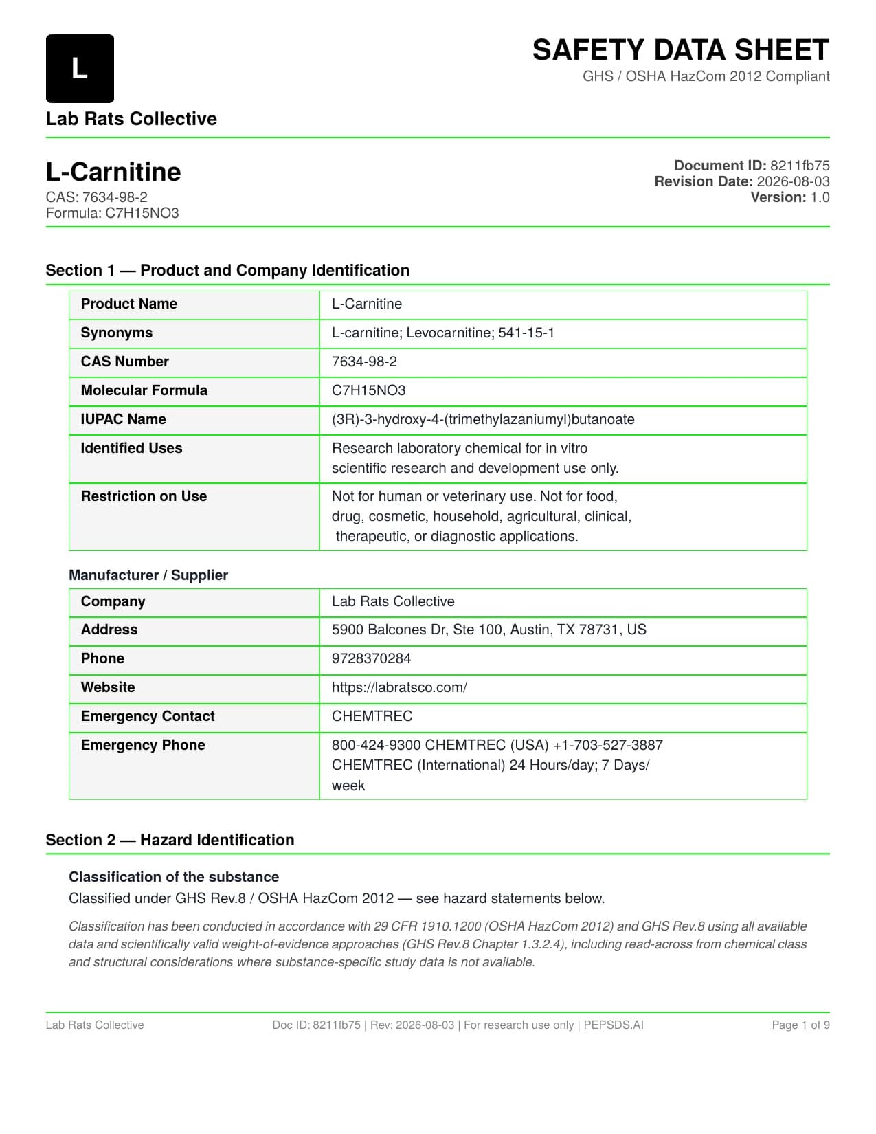 L-Carnitine 500mg/ml 10ml SDS