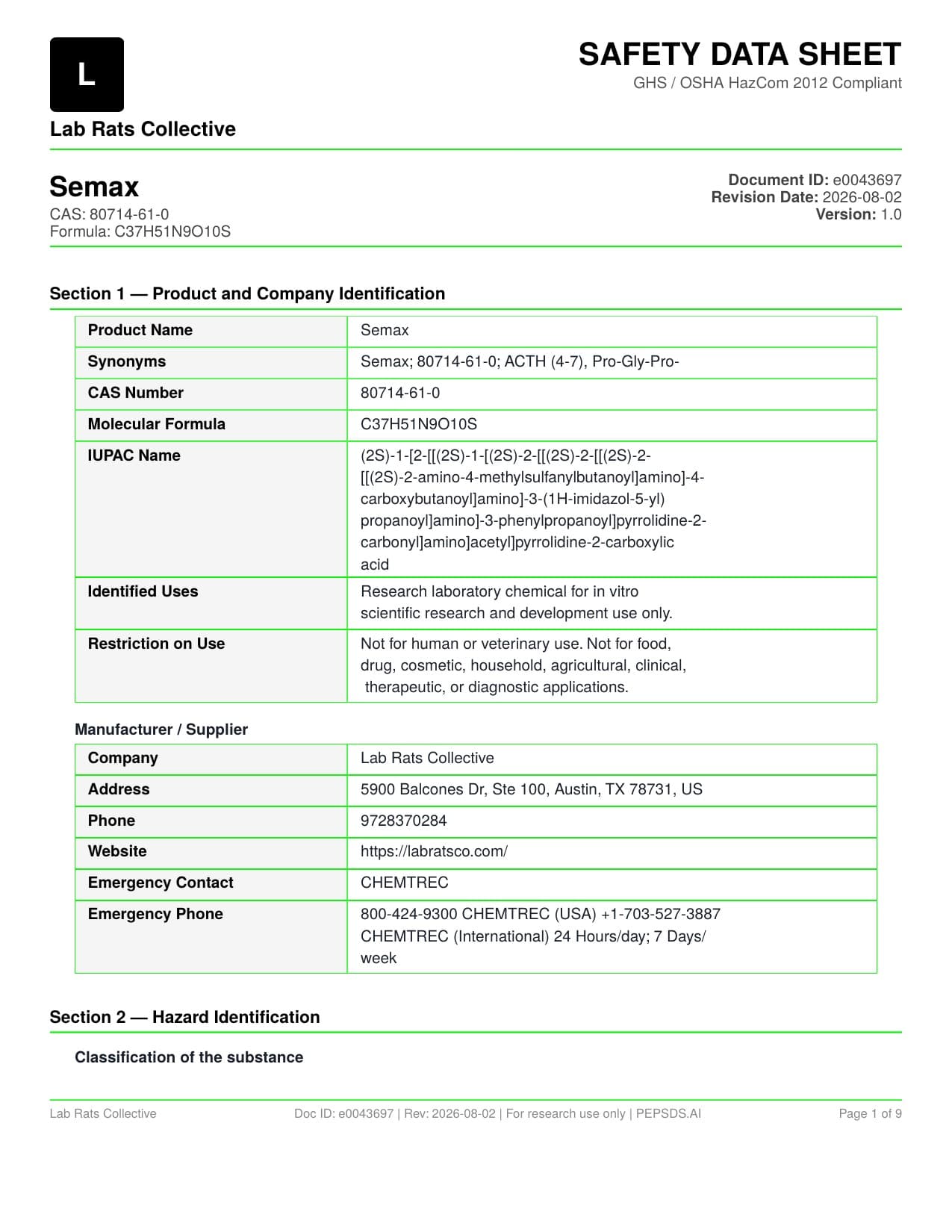 Semax 11mg SDS
