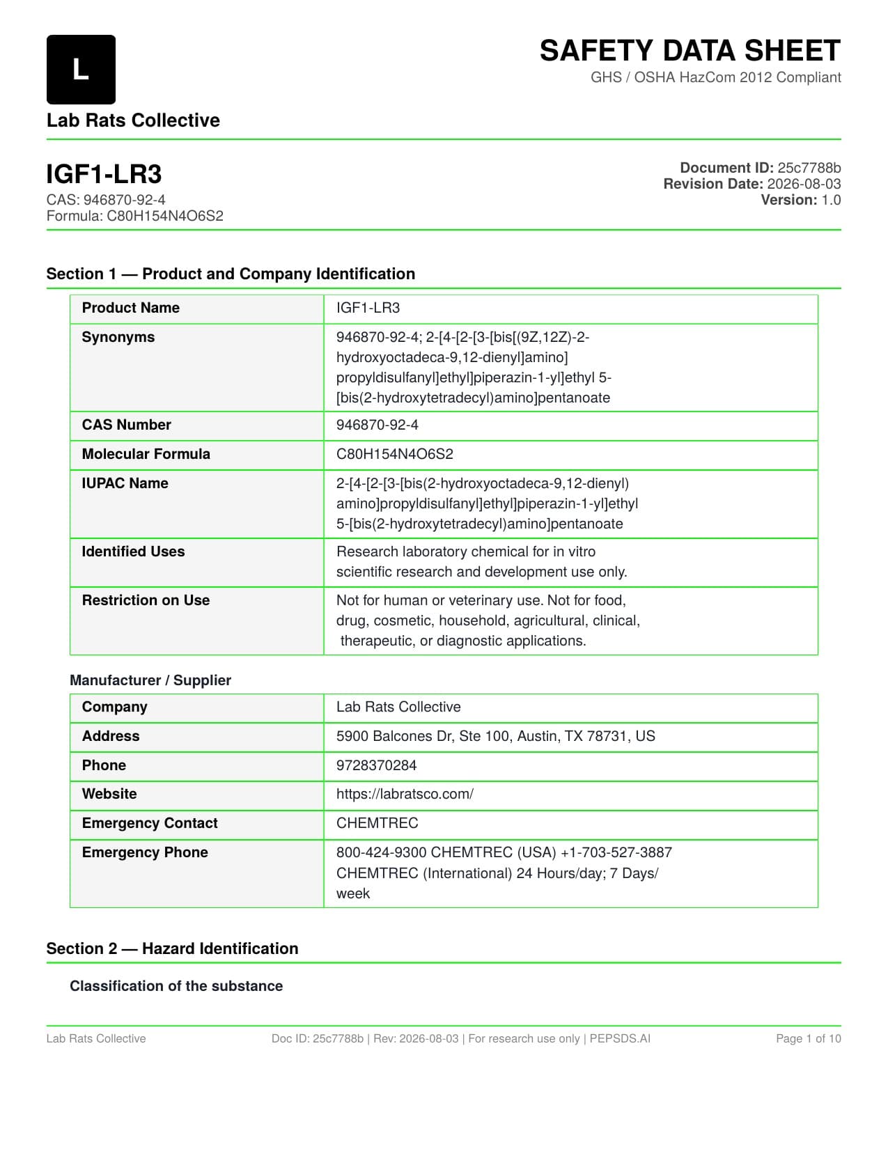IGF-1 LR3 1mg SDS