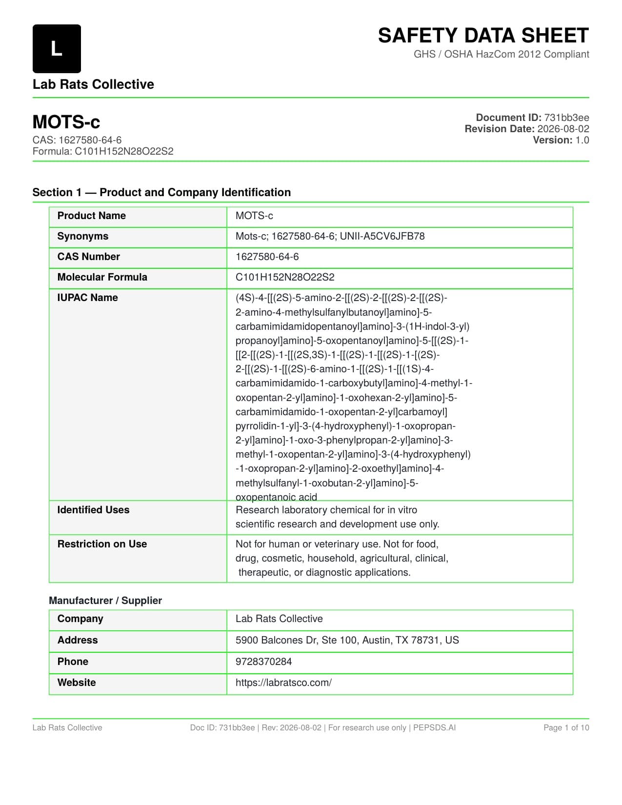 MOTS-C 40mg Safety Data Sheet