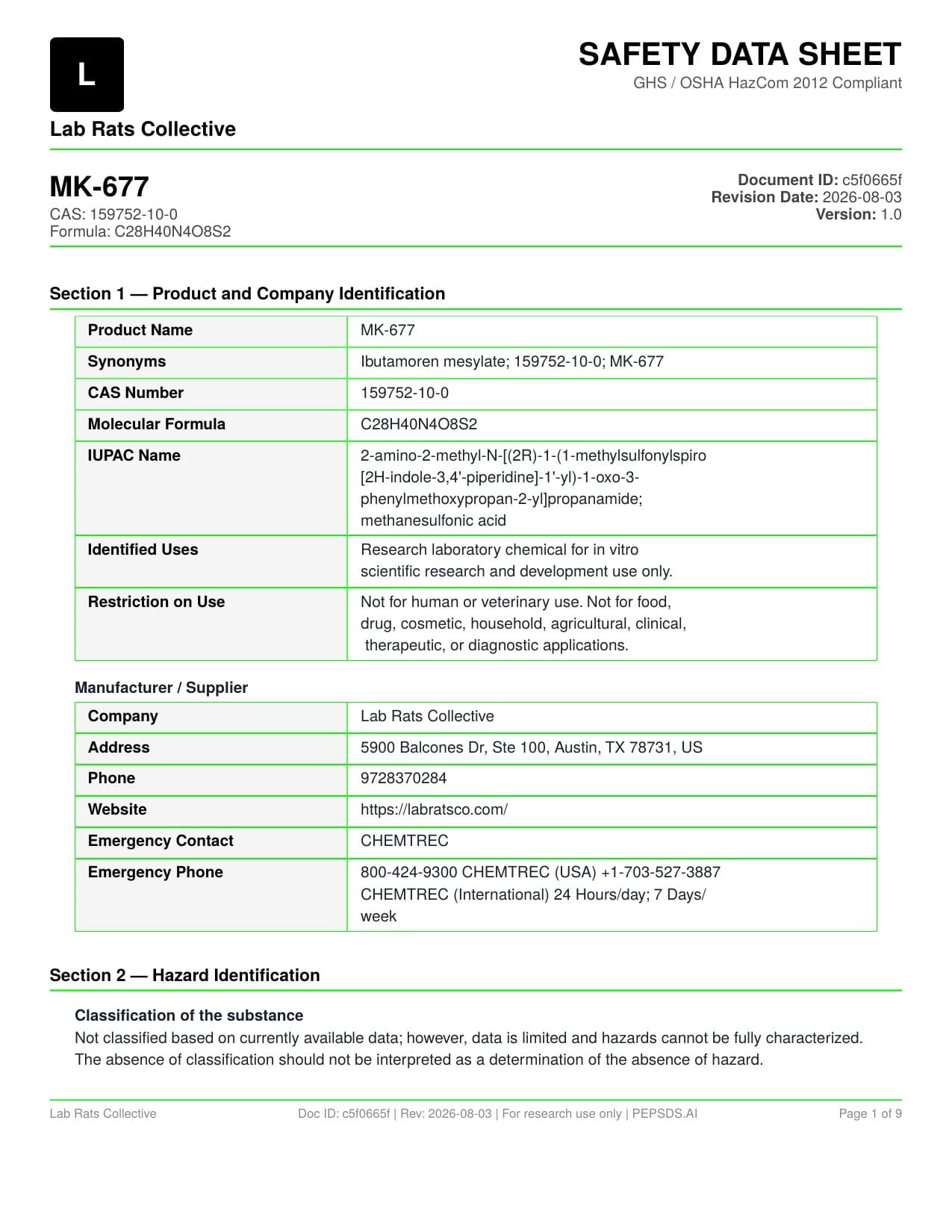 MK677 Safety Data Sheet