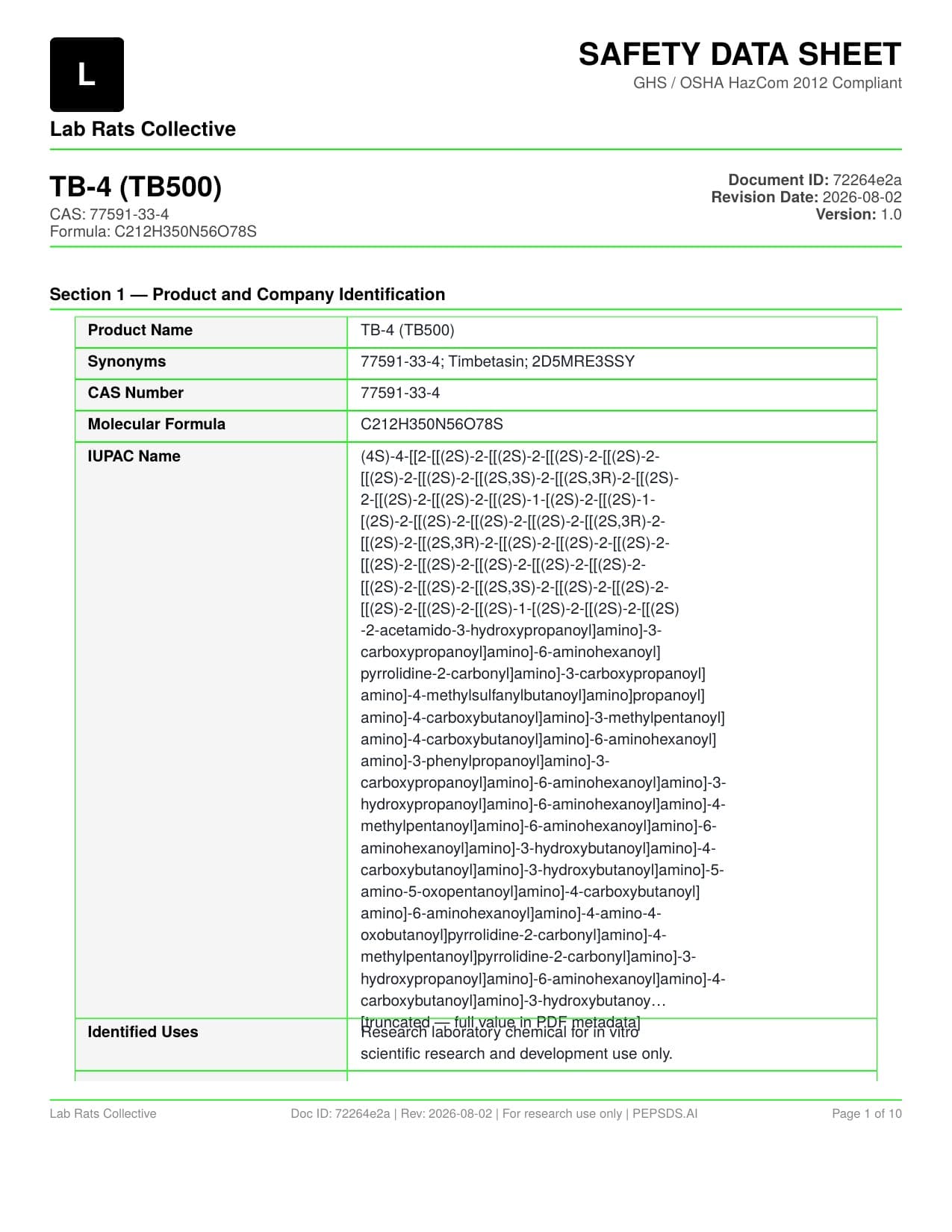 TB500 (TB-4) 10mg SDS