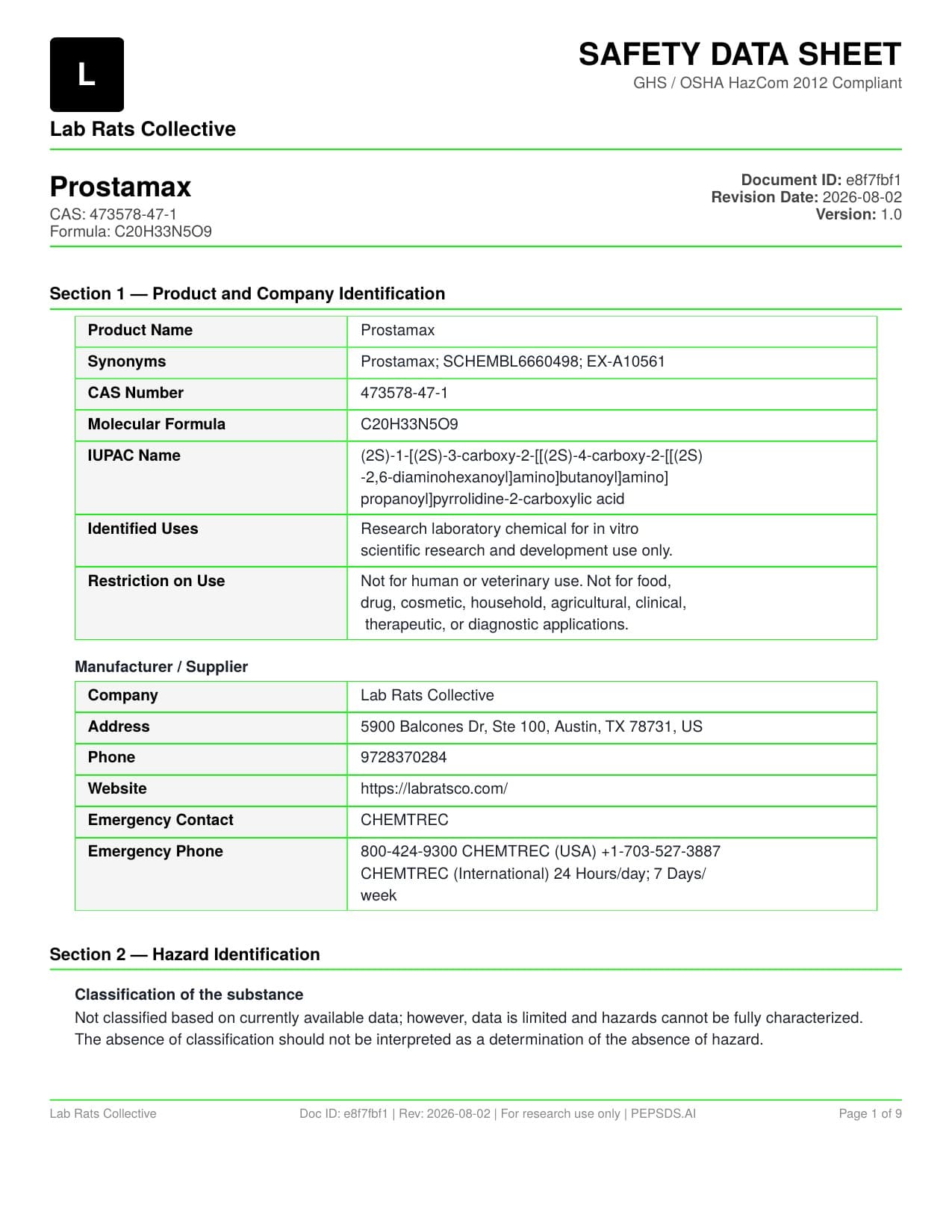 Prostamax 20mg SDS